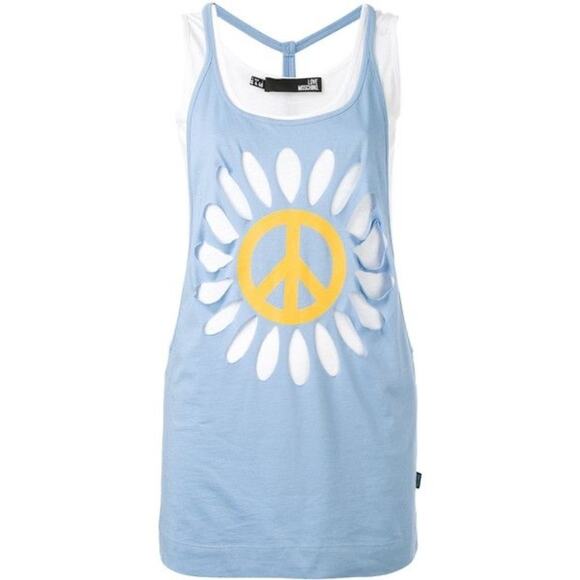 LOVE MOSCHINO Peace Sign Tank – Double Layer Graphic Cotton Top Size 4sta - Picture 1 of 5